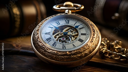 Antique pocket watches opened to show delicate inner workings, surface of a dark oak table
