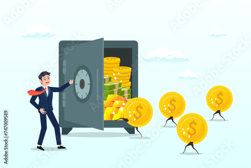 Relax businessman open safe with wealthy treasure inside and money coins walking in, passive income, easy money earning from investment or stock dividend and profit to be financial freedom (Vector)