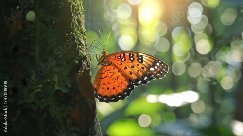 Colorful tropical background. bright orange monarch butterfly on a tree
