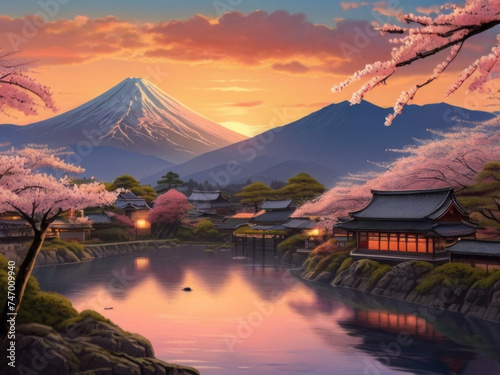 An old Japanese city, mountains and sakura blossom, colorful sunset landscape, generative ai