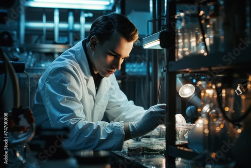Male scientist works in a modern laboratory. AI generative