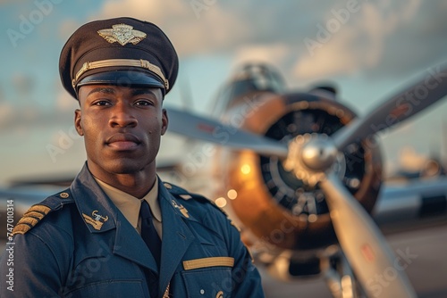 Young African American pilot standing in front of airplane.