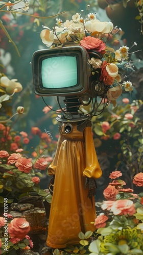 Whimsical portrayal of a vintage television robot surrounded by lush flowers, creating a unique blend of technology and nature photo