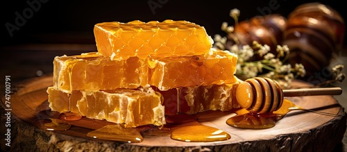 A mound of golden honey is heaped on top of a sturdy piece of wood. The sticky substance glistens in the light, showcasing its deliciously sweet appeal.