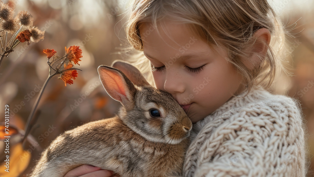 Tender Moment Between Child and Bunny in Nature Tender Moment Between Child and Bunny in Nature