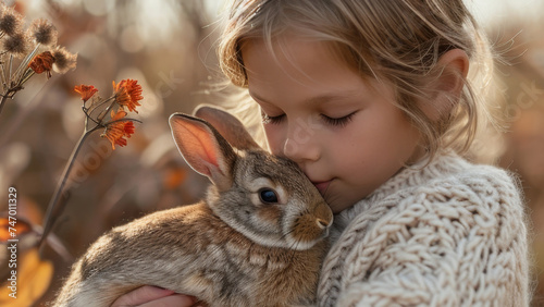 Tender Moment Between Child and Bunny in Nature