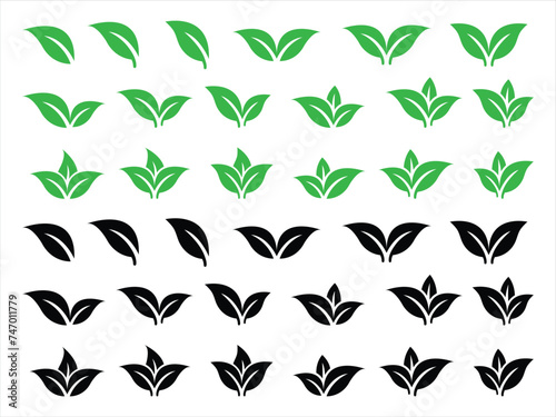 Set of green leaf icons. Green color. Leaf's green color and black color icon logo. Leaves on white background. Ecology. Vector illustration.