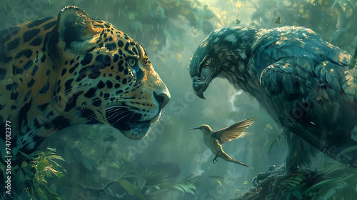 Jaguar, eagle and hummingbird