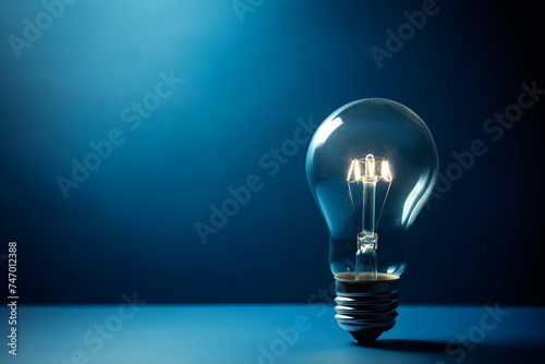 Image of a single lightbulb standing out against a blue background to represent a novel, forward thinking thought