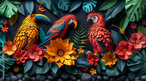 Colorful exotic paper birds in  paper flowers