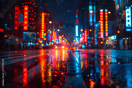 Illuminated Cityscape: Rain-Soaked Streets Reflecting Vibrant Neon Lights
