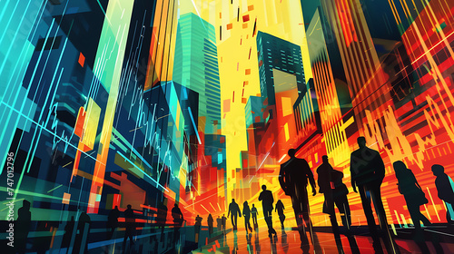 Vibrant Cityscape with Silhouetted Figures Amidst Colorful Skyscrapers