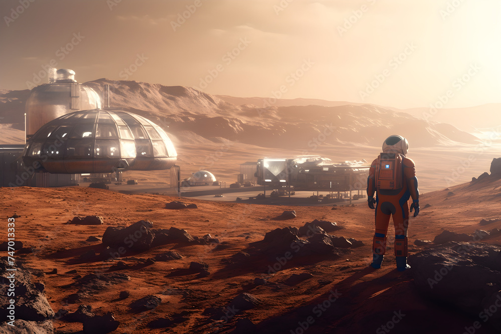 astronaut colony on mars resting and taking in the view - obrazy, fototapety, plakaty 