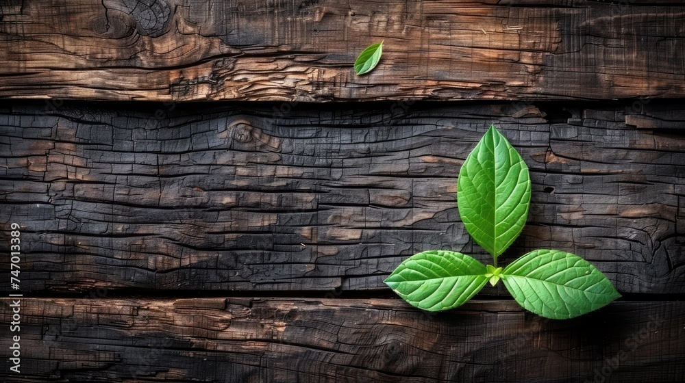 Naklejka premium Vivid green leaves contrast starkly against a deeply charred wooden background, expressing rebirth and resilience