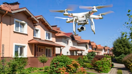 Drone hovering over a suburban neighborhood, highlighting themes of security, surveillance, and modern technology
