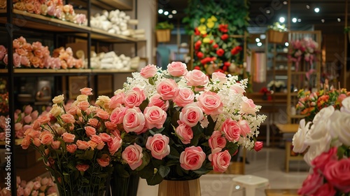 pink and white rose plastic flowers in vase in furniture mall, generative ai,