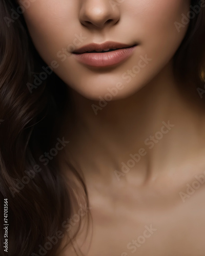 Mouth and lips of a beautiful young girl. Close-up of a face. soft, blurred background, bokeh. Developing hair.