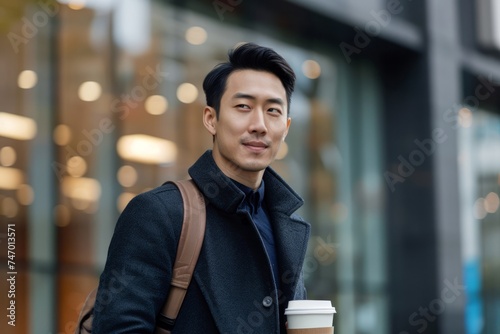 Handsome asian man going to work with paper coffee cup walking near office building. AI generative