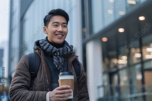 Handsome asian man going to work with paper coffee cup walking near office building. AI generative