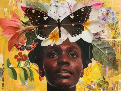 A collage of a woman's face with a butterfly and botanical elements, evoking a connection with nature