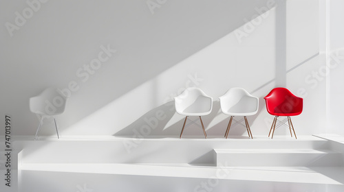 An illustration of the uniqueness of red colored chair that stands out distinctively among other white colored ones