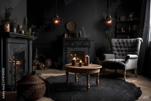 Armchair, fireplace, candle, coffee table, floor lamp, and carpet can be found in a traditional black room