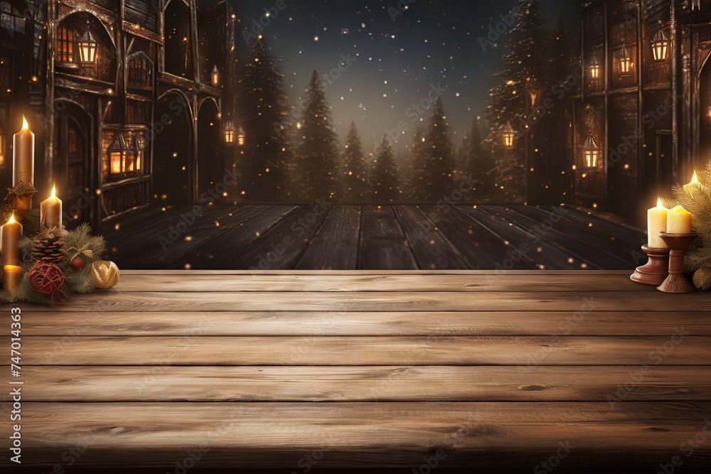 Wooden table with festive decorations and blurred lights in the background
