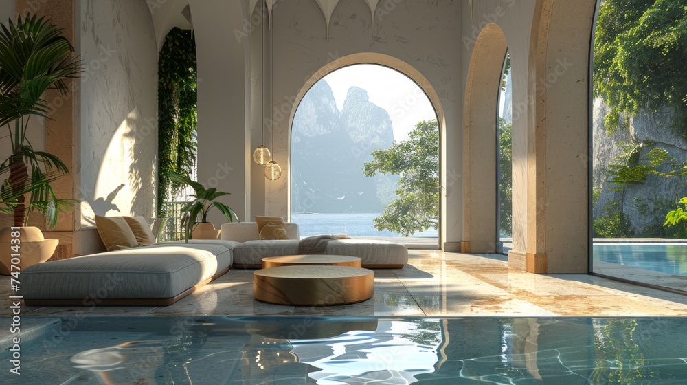 A tranquil villa interior with soft furnishings, arches, and a stunning pool leading to an incredible mountain vista
