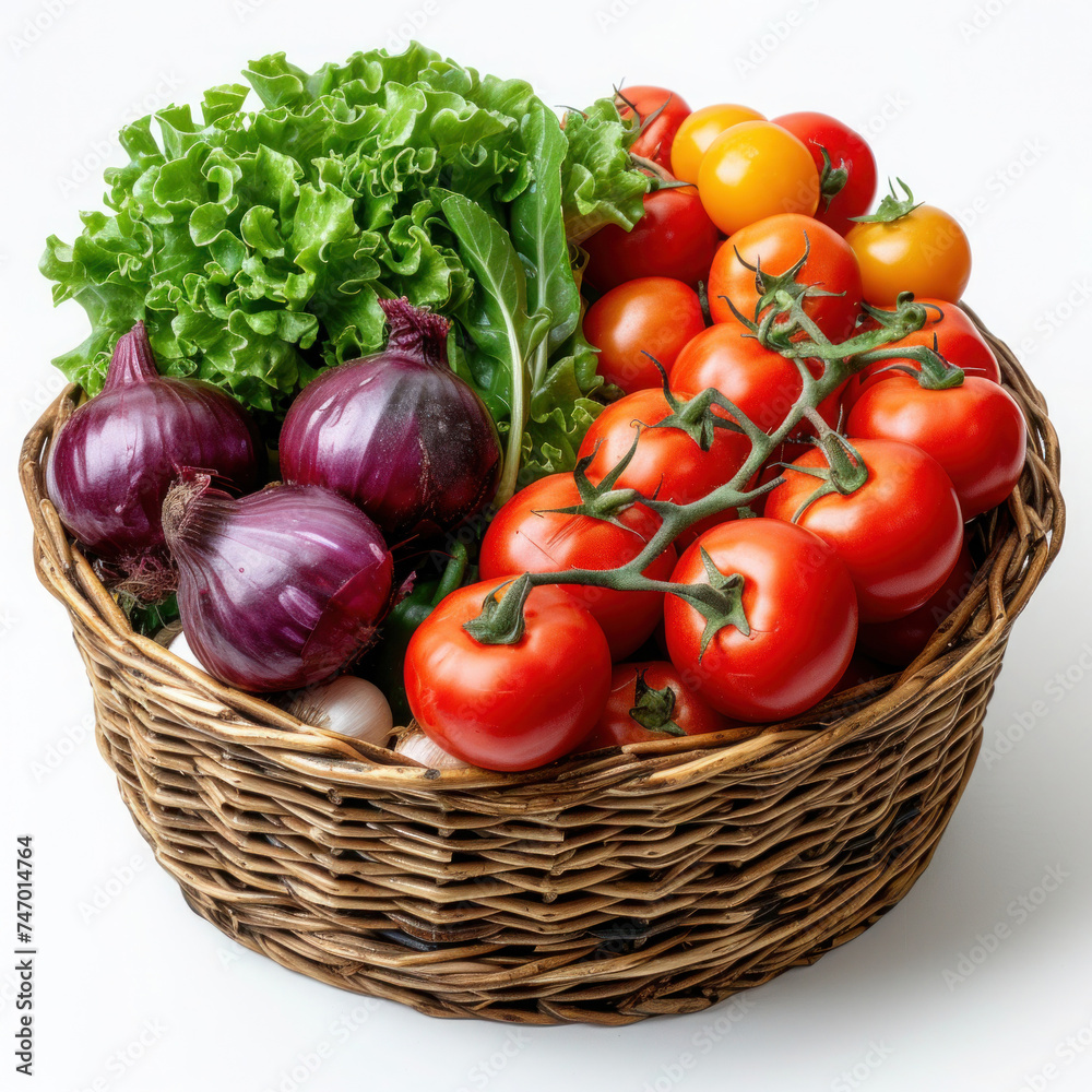 Vibrant Tomato and Vegetable Basket: A healthy mix of fresh, ripe vegetables including tomatoes, peppers, and organic produce in a white basket, perfect for a nutritious salad or a vegetarian diet Vibrant Tomato and Vegetable Basket: A healthy mix of fresh, ripe vegetables including tomatoes, peppers, and organic produce in a white basket, perfect for a nutritious salad or a vegetarian diet