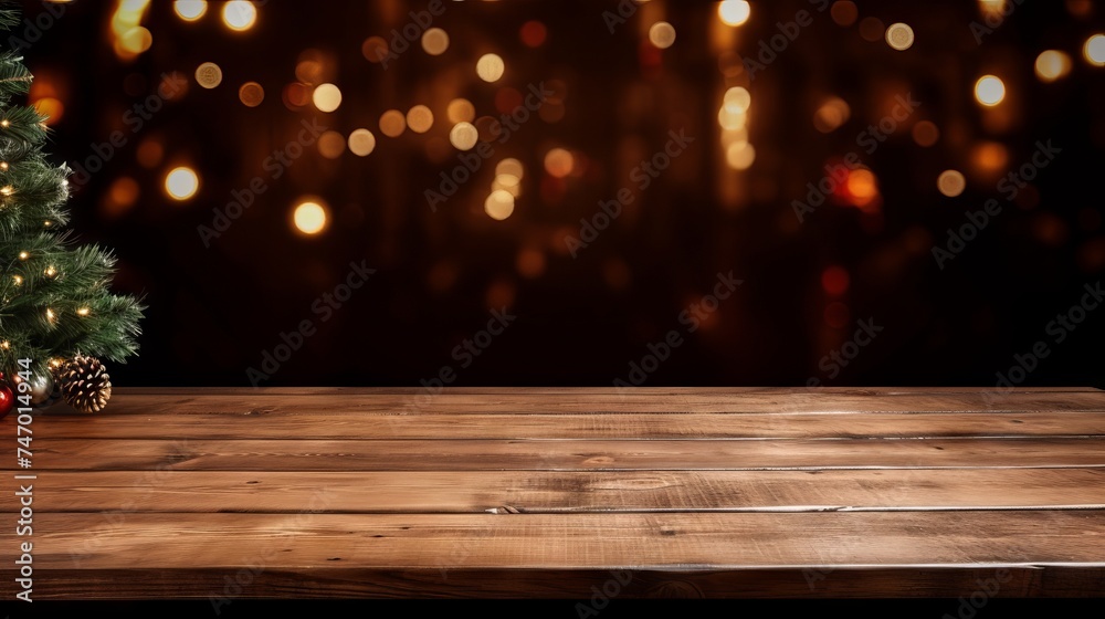 Empty wooden table with festive decorations and blurred lights in the background