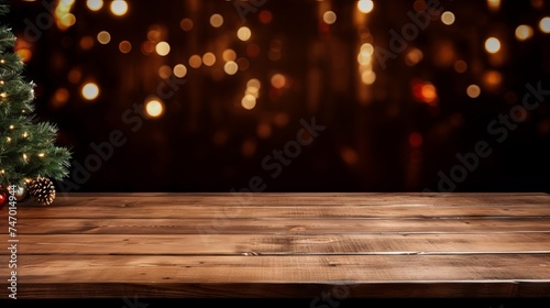 Empty wooden table with festive decorations and blurred lights in the background