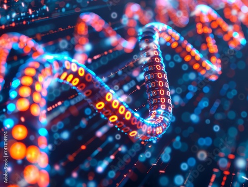 Bright, close-up view of a 3D DNA helix with binary patterns, representing cybersecurity in a random context