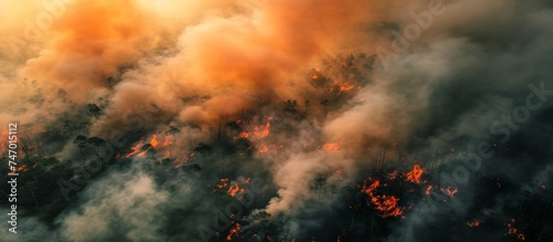 An aerial view capturing a forest fire event with billowing smoke engulfing the landscape  creating a swirling cumulus cloud of heat and ash in the sky.