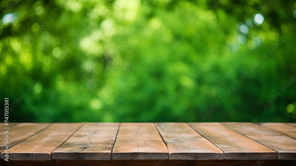 Wooden table with green bokeh background for product display or food photography Wooden table with green bokeh background for product display or food photography