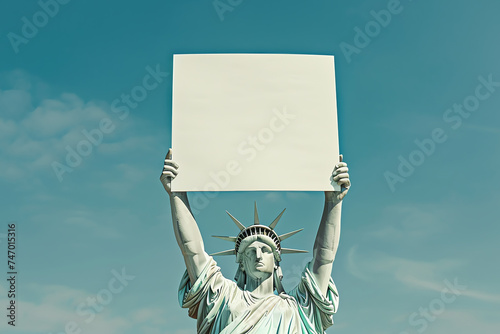 close up of the statue of liberty holding a blank sign, AI generated
