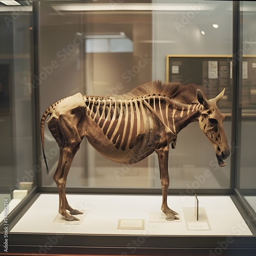 A zebra skeleton on display in a glass case.