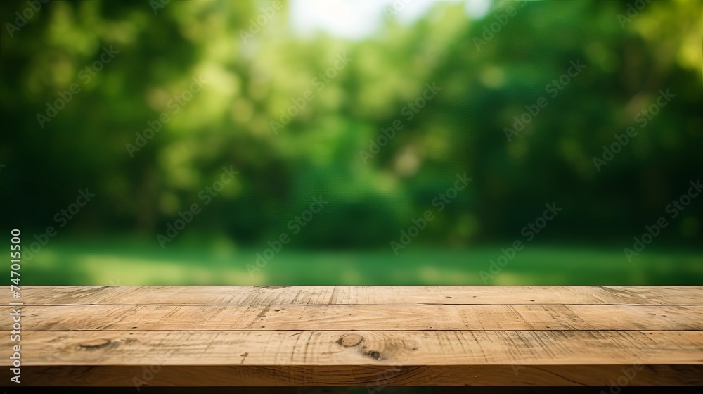 Wooden table with green bokeh background for product display or food photography Wooden table with green bokeh background for product display or food photography