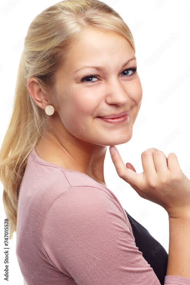 Studio, portrait and woman for happy idea or creative and professional with ambition by white background. Norway lady, smile face and planning or review in closeup and designer with solution Studio, portrait and woman for happy idea or creative and professional with ambition by white background. Norway lady, smile face and planning or review in closeup and designer with solution