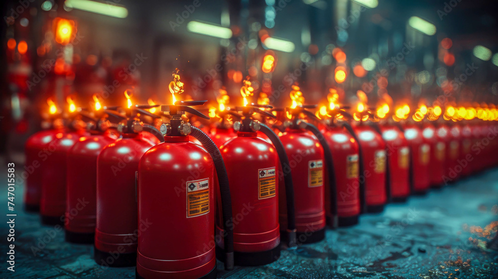 Red fire extinguishers in a row with bokeh background Red fire extinguishers in a row with bokeh background