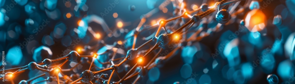 Close-up of 3D artificial intelligence, algorithm, and blockchain in a bright, random setting