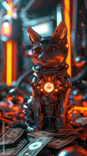 A futuristic 3D scene with a robotic cat sitting on a pile of glowing money, close-up with sci-fi vibes in a bright setting