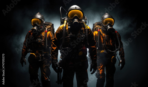 Team of Divers in Protective Suits against Dark Backdrop photo