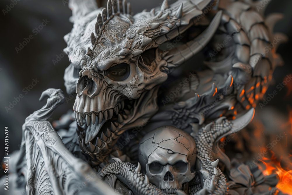 Close-up of a 3D dragon, reaper, and skull, with fire in a dark setting