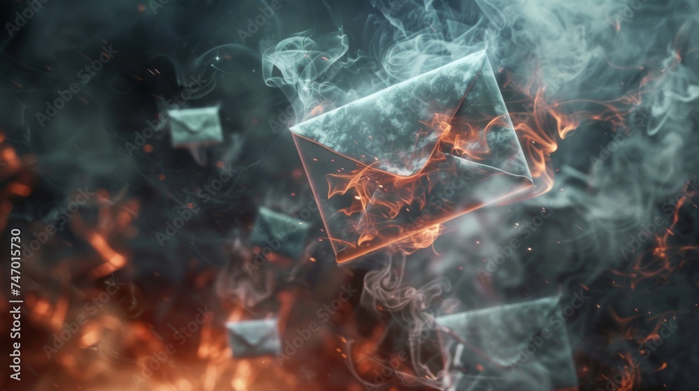 Fototapeta premium Close-up of a 3D email descending into hell, with ghostly figures and smoke in a dark setting