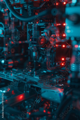 Close-up of a 3D cyberpunk scene with software, hardware, and biohacking, portrayed in a dark, enigmatic way