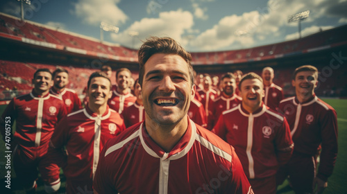 Smiling Soccer Team Poses in Stadium