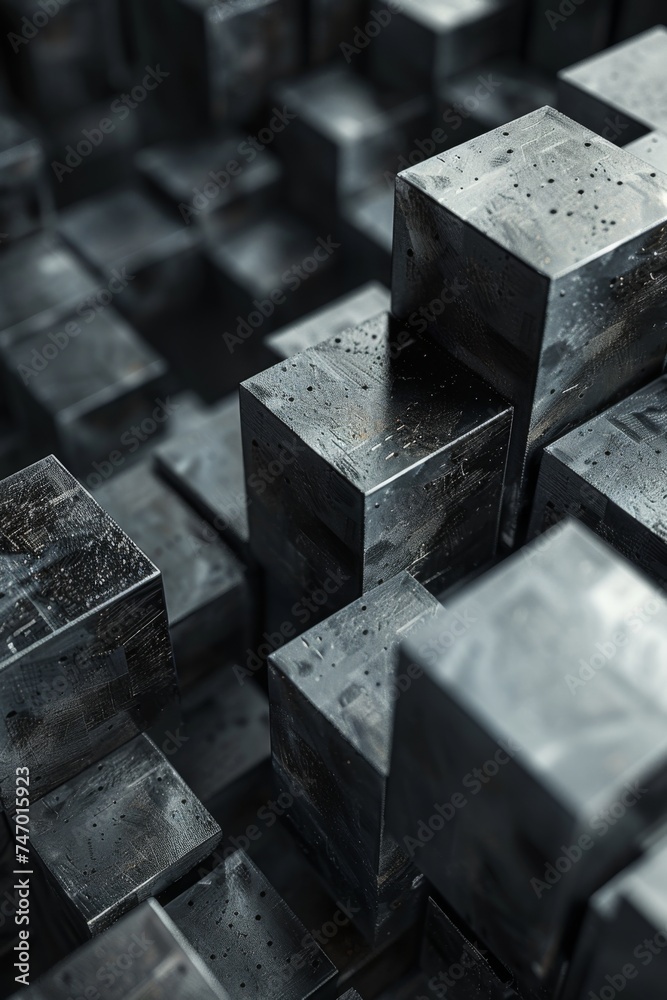 Close-up of a geometric block structure with robotic elements in a dark 3D environment, forming a domino pattern Close-up of a geometric block structure with robotic elements in a dark 3D environment, forming a domino pattern