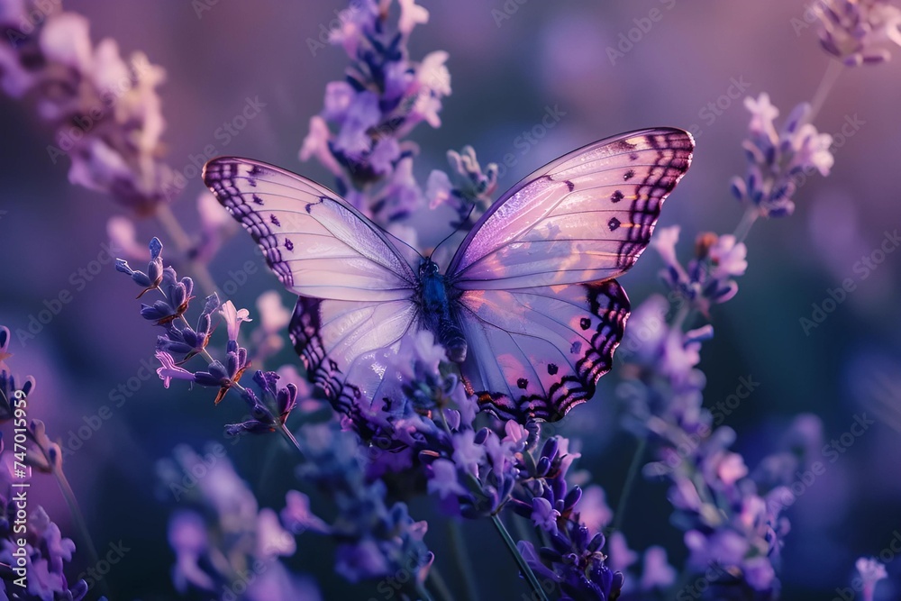 A close-up shot captures a butterfly with iridescent wings resting on a lavender bush, revealing the intricate patterns of nature. A close-up shot captures a butterfly with iridescent wings resting on a lavender bush, revealing the intricate patterns of nature.