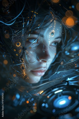 Close-up of a girl with robotic fusion in a dark 3D environment, with swirling elements