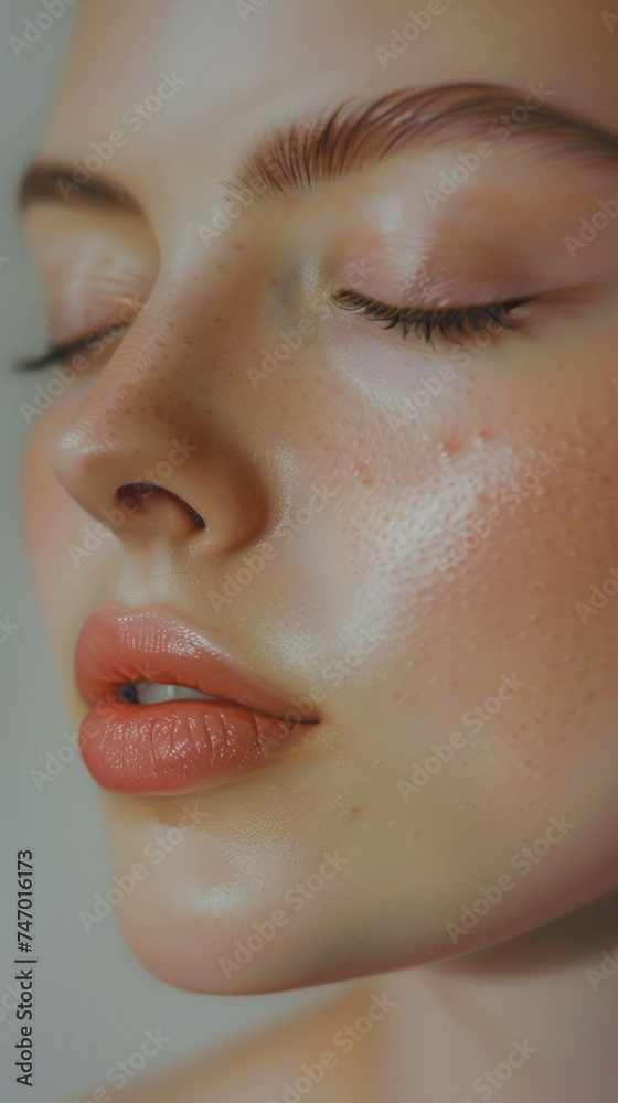 Fototapeta premium Tranquil beauty portrait of a woman with clear, delicate skin, reflecting the essence of pure skincare and relaxation